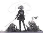  1girl absurdres back_cutout chiroru_(cheese-roll) closed_mouth clothing_cutout commentary cosplay dated english_text full_body ghost gloves greyscale hairband highres holding holding_sword holding_weapon juliet_sleeves konpaku_youmu_(ghost) long_sleeves looking_at_viewer looking_back monochrome nier:automata nier_(series) puffy_sleeves robot short_hair simple_background solo standing sword thighhighs touhou weapon yorha_no._2_type_b yorha_no._2_type_b_(cosplay) 