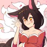  1girl absurdres ahri_(league_of_legends) animal_ears bare_shoulders black_hair breasts cleavage closed_mouth collarbone commentary detached_sleeves dress english_commentary facial_mark fox_ears fox_girl fox_tail hair_between_eyes heart highres kitsune kumiho league_of_legends long_hair long_sleeves makeup medium_breasts multiple_tails rownou simple_background smile solo tail upper_body whisker_markings wide_sleeves yellow_eyes 