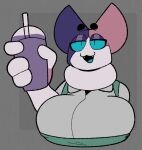  anthro beverage big_breasts blue_sclera breasts clothed clothing domestic_cat felid feline felis female grimace_birthday_shake hi_res holding_beverage holding_object looking_at_viewer mammal phebe_(srgreja) solo srgreja_(artist) 
