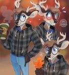  anthro antlers autumn autumn_leaves blurred_background blush bottomwear brown_body brown_fur brown_hair clothing coffee_cup container cup deer denim denim_clothing eyewear fur glasses hair half-closed_eyes heresvix hi_res hoodie horn jeans male mammal narrowed_eyes new_world_deer pants simple_background smile solo tan_body tan_fur topwear white-tailed_deer wide_eyed 