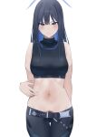  1girl absurdres black_hair black_shirt blue_archive blue_hair blush breasts colored_inner_hair cropped_shirt female_pubic_hair halo highres light_smile looking_at_viewer medium_breasts multicolored_hair navel pubic_hair pubic_hair_peek saori_(blue_archive) shirt simple_background sleeveless sleeveless_shirt solo sono stomach straight_hair two-tone_hair white_background 