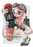  1girl :d arm_up backpack bag black_shirt black_shorts blue_background blue_eyes blunt_bangs blush border commentary_request drawstring fangs goggles goggles_on_head gun highres hood hood_down hoodie inkling inkling_girl long_hair long_sleeves looking_at_viewer open_mouth outside_border p-pepper pink_hair pink_hoodie pointy_ears polka_dot polka_dot_shirt range_blaster_(splatoon) sample_watermark shirt shoes short_shorts shorts simple_background smile sneakers solo splatoon_(series) suction_cups tentacle_hair thick_eyebrows v very_long_hair watermark weapon white_border white_footwear 