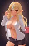  1girl :o black_shorts blonde_hair blush breasts cowboy_shot cup dark-skinned_female dark_skin elf hair_down highres holding holding_cup hololive hood hoodie large_breasts long_hair looking_at_viewer mug multicolored_hair navel no_bra open_clothes open_hoodie pointy_ears red_eyes shiranui_flare short_shorts shorts solo streaked_hair telomere virtual_youtuber white_hair white_hoodie 