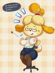  3:4 absurd_res animal_crossing anthro big_breasts breasts button_(fastener) canid canine canis clothed clothing domestic_dog english_text eyewear featureless_feet female glasses hi_res isabelle_(animal_crossing) mammal nintendo pattern_clothing simple_background sitting sleepiitreat solo surprised_expression text topless wardrobe_malfunction 