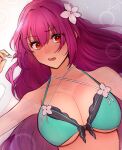  1girl artist_request bikini blush breasts cleavage fate/grand_order fate_(series) flower green_bikini hair_flower hair_ornament highres jacket large_breasts long_hair looking_at_viewer open_mouth purple_hair red_eyes scathach_(fate) scathach_skadi_(fate) scathach_skadi_(swimsuit_ruler)_(fate) see-through see-through_jacket solo swimsuit 