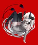  1girl absurdres bare_shoulders black_straps black_thighhighs blue_eyes breasts bright_pupils chinese_commentary commentary_request demon_girl demon_horns demon_tail fang floating grey_sweater highres horns huizhiyin knees_up large_breasts long_hair looking_at_viewer multiple_tails off-shoulder_sweater off_shoulder open_mouth original pale_skin pointy_ears red_background sideboob skin_fang skindentation sweater tail thick_thighs thighhighs thighs very_long_hair white_hair white_pupils zettai_ryouiki 