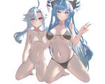  2girls absurdres ahoge ass_visible_through_thighs bikini black_bikini blue_eyes blue_hair breasts breasts_apart closed_mouth collarbone commission commissioner_upload expressionless flat_chest full_body hair_between_eyes hand_on_another&#039;s_waist highres hikaru_aruka horns kiseijou_rei_(goddess_form) kneeling large_breasts light_blue_hair long_hair looking_at_viewer multiple_girls navel neptune_(series) non-web_source power_symbol power_symbol-shaped_pupils red_eyes short_hair_with_long_locks sidelocks sign simple_background smile stomach swimsuit symbol-shaped_pupils v very_long_hair warning_sign white_background white_bikini white_heart 