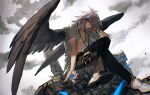  1boy absurdres black_wings blue_petals cloud crossed_legs day grey_hair hand_on_own_face highres long_hair male_focus millennium_ring open_clothes open_shirt outdoors red_eyes sitting solo spiked_hair wings xiao_(creation0528) yami_bakura yu-gi-oh! yu-gi-oh!_duel_monsters 