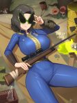  1girl barleyshake black_hair blue_bodysuit bodysuit bottle breasts bullet character_request cowboy_shot eyeball fallout_(series) grass gun hand_up highres holding holding_gun holding_weapon large_breasts medium_hair mushroom plant radioactive rock shadow sharp_teeth sunglasses teeth tree vault_girl weapon 