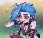  1girl arm_tattoo asymmetrical_bangs black_gloves blue_hair blush braid breasts bullet_necklace fingerless_gloves gloves grass jinx_(league_of_legends) league_of_legends long_hair open_mouth outdoors phantom_ix_row red_eyes single_bare_arm small_breasts smile solo stomach_tattoo tattoo teeth tree twin_braids 