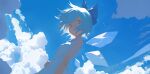 1girl absurdres bare_arms blue_bow blue_hair blue_sky bow cirno closed_mouth cloud commentary_request dress hand_on_own_hip highres ice ice_wings looking_at_viewer medium_hair outdoors sky sleeveless sleeveless_dress solo touhou upper_body uroam white_dress wings 
