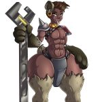  2023 4_fingers abs adjatha animal_humanoid arm_tuft armor bottom_heavy bottomwear brown_body brown_eyes brown_fur brown_hair clothing collar ear_piercing ear_ring fingers fur girly hair hi_res holding_object holding_tool holding_wrench humanoid hyena hyena_humanoid leg_tuft loincloth male mammal mammal_humanoid mohawk muscular muscular_humanoid muscular_male nipples open_mouth piercing ring_piercing shoulder_pads simple_background solo standing story story_in_description tail tan_body tan_skin thick_thighs tongue tongue_out tongue_piercing tools trials_in_tainted_space tuft unconvincing_armor white_background wide_hips wrench yellow_collar 