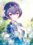  1girl black_hair blue_hair blue_kimono blurry blurry_background blurry_foreground blush bow breasts dot_nose falling_petals floral_print flower hair_between_eyes hair_bun hair_flower hair_ornament hands_on_own_chest highres idolmaster idolmaster_shiny_colors japanese_clothes kimono long_sleeves looking_at_viewer morino_rinze obi obiage obijime open_mouth petals red_eyes sash short_hair small_breasts smile solo soriya sparkle twitter_username wide_sleeves 