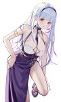  1girl absurdres azur_lane between_breasts blush breasts chromatic_aberration cleavage dated dido_(anxious_bisque_doll)_(azur_lane) dido_(azur_lane) dress grey_hair hairband halter_dress halterneck high_heels highres large_breasts long_dress long_hair looking_at_viewer official_alternate_costume parted_lips pelvic_curtain purple_dress purple_eyes purple_footwear purple_hairband simple_background solo standing standing_on_one_leg white_background whitehartlane13 