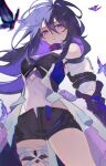  1girl absurdres ahoge artist_name bare_shoulders black_shorts breasts bug butterfly closed_mouth covered_navel highres honkai:_star_rail honkai_(series) leonie28 long_hair looking_at_viewer purple_butterfly purple_eyes purple_hair seele_(honkai:_star_rail) shorts simple_background solo white_background 