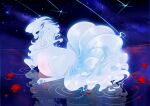 2023 3_toes 9_tails alolan_form alolan_ninetales belly big_belly black_kitty blue_body blue_eyes blue_fur blue_pawpads blush canid canine digital_drawing_(artwork) digital_media_(artwork) eyebrows eyelashes feet female feral floating_on_water flower fluffy fluffy_tail fur generation_1_pokemon hair hi_res inner_ear_fluff long_hair long_tail looking_at_belly looking_at_self lying mammal multi_tail multicolored_body multicolored_fur night ninetales nintendo on_front pawpads paws petals plant pokemon pokemon_(species) pregnant pregnant_female pregnant_feral red_flower reflection regional_form_(pokemon) ripples rose_(flower) shooting_star sky smile solo star starry_sky tail toes tuft water white_body white_fur 