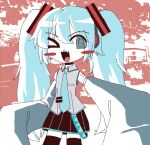  1girl :d @_@ aqua_hair bagacide bare_shoulders black_skirt blue_eyes blush_stickers collared_shirt detached_sleeves fang grey_shirt hair_between_eyes hair_ornament hatsune_miku headset jaggy_lines long_hair looking_at_viewer necktie number_tattoo one_eye_closed open_mouth pleated_skirt shirt shoulder_tattoo skirt sleeveless sleeveless_shirt sleeves_past_fingers sleeves_past_wrists smile solo standing tattoo thighhighs twintails vocaloid zettai_ryouiki 