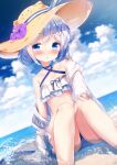  1girl arm_support beach bikini blue_eyes blue_hair blush brown_headwear chinomaron collarbone day feet_out_of_frame flower gochuumon_wa_usagi_desu_ka? hat hat_flower highres jacket kafuu_chino light_blue_hair looking_at_viewer ocean parted_lips purple_flower short_hair sitting solo straw_hat swimsuit water white_bikini white_jacket 