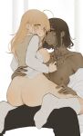  2girls after_kiss blush breasts brown_eyes brown_hair dark-skinned_female dark_skin ear_chain highres light_brown_hair multiple_girls nipples original parted_lips saliva saliva_trail scar scar_across_eye tattoo y0range yuri 