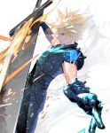  1boy armor belt blonde_hair blue_eyes blue_pants blue_shirt buster_sword cloud_strife cofffee earrings fighting_stance final_fantasy final_fantasy_vii final_fantasy_vii_remake fire gloves holding holding_sword holding_weapon jewelry male_focus multiple_belts pants perspective shirt shoulder_armor single_earring solo spiked_hair suspenders sword upper_body weapon white_background 
