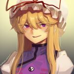  1girl blonde_hair boa_(brianoa) dress gradient_background grey_background hair_between_eyes hat hat_ribbon highres long_hair looking_at_viewer mob_cap open_mouth purple_eyes ribbon ringed_eyes sidelocks simple_background smile solo tabard teeth touhou upper_body upper_teeth_only v-shaped_eyebrows white_dress yakumo_yukari yin_yang yin_yang_print 