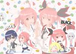  2boys 3girls ahoge black_necktie blonde_hair blue_eyes blue_hair bow brown_eyes chibi cup date_a_live dual_persona food fuu_(fuore) grey_hair hair_bow itsuka_kotori itsuka_shidou kannazuki_kyouhei macaron multiple_boys multiple_girls murasame_reine necktie open_mouth raizen_high_school_uniform red_eyes red_hair school_uniform smile tobiichi_origami twintails white_hair 