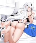  1girl absurdres ahoge arts_shirt ass back barefoot bed black_bra black_hair black_panties blue_shirt blush bra breasts casul fate/grand_order fate_(series) feet green_eyes hair_between_eyes highres koha-ace large_breasts long_hair looking_at_viewer looking_back medium_breasts multicolored_hair nagao_kagetora_(fate) on_bed open_mouth panties pillow shirt sidelocks smile soles solo two-tone_hair underwear unworn_shirt very_long_hair white_hair 