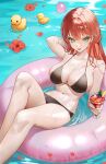  1girl :p absurdres aqua_eyes arm_behind_head bikini black_bikini breasts chungla collarbone cup drink drinking_glass flower highres holding holding_cup large_breasts looking_at_viewer navel navel_piercing original petals piercing pool red_flower rubber_duck sitting swimsuit thighs tongue tongue_out water wet 