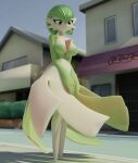  3d_(artwork) absurd_res breasts clothing digital_media_(artwork) female gardevoir generation_3_pokemon green_body hands_together hi_res holding_clothing holding_object humanoid looking_down lorded nintendo pokemon pokemon_(species) red_eyes solo town white_body wind 
