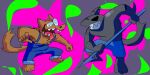  2023 5_fingers abstract_background anthro arm_fin barefoot black_body black_eyes black_scales black_sclera blue_bottomwear blue_clothing blue_overalls blue_shorts bottomwear brown_body brown_claws brown_fur canid canine canis chest_tuft claws clenched_teeth clothing duo everhood_2 feet fin fin_piercing finger_claws fingers fish fur furgonomics furry-specific_piercing grey_body grey_scales head_fin hi_res holding_object holding_spear holding_weapon leaning leaning_forward male mammal marine melee_weapon open_mouth overalls piercing polearm pupils scales screech_(everhood_2) shark sharp_teeth shirtless shorts smile spear standing swiftuhms teeth tongue tongue_out tuft unnamed_character weapon were werecanid werecanine werewolf white_pupils wolf 