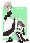  2girls alternate_costume annoyed black_hair black_pantyhose blush closed_eyes clothes_lift dated grey_hair hair_ornament hairclip kuraue_hinata lifted_by_another maid maid_headdress multiple_girls open_mouth pantyhose peeking purple_eyes ryuuma_(norinori_taruto) squatting standing yama_no_susume yukimura_aoi 