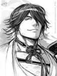  1boy armor artist_name chest_hair closed_mouth collarbone facial_hair greyscale hair_over_one_eye highres igote japanese_armor looking_at_viewer manomarino monochrome multicolored_hair nagasone_kotetsu signature simple_background smile touken_ranbu twitter_username upper_body white_background 