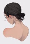  1girl back bare_shoulders brown_hair commentary_request cropped_torso facing_away from_behind hair_bun highres kagoya1219 original realistic short_hair simple_background single_hair_bun solo topless upper_body white_background 