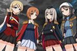  4girls black_coat black_headwear black_jacket black_skirt black_sky blonde_hair blue_eyes blue_headwear blue_jacket blue_skirt braid brown_eyes brown_hair closed_mouth coat coat_on_shoulders collared_shirt crossed_arms darjeeling_(girls_und_panzer) dress_shirt earlobe1514366 epaulettes fringe_trim frown garrison_cap girls_und_panzer girls_und_panzer_senshadou_daisakusen! green_shirt grey_coat grey_hair hand_on_own_arm hand_on_own_hip hat highres insignia itsumi_erika jacket keizoku_military_uniform kuromorimine_military_uniform long_hair long_sleeves looking_at_viewer medal medium_hair mika_(girls_und_panzer) military_hat military_uniform miniskirt multiple_girls nishizumi_miho official_alternate_costume ooarai_military_uniform outdoors overcast pleated_skirt raglan_sleeves red_coat red_jacket red_shirt red_skirt sash shirt short_hair skirt sky smile st._gloriana&#039;s_military_uniform standing track_jacket trait_connection tulip_hat twin_braids undershirt uniform white_coat white_sash white_skirt 