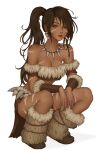  1girl absurdres artelsia artist_name bare_shoulders boots breasts brown_hair brown_skirt cleavage dark-skinned_female dark_skin detached_sleeves facial_mark forehead_jewel fur-trimmed_boots fur-trimmed_sleeves fur_trim highres jewelry large_breasts league_of_legends necklace nidalee orange_eyes ponytail simple_background skirt smile solo squatting tooth_necklace torn_clothes torn_skirt whisker_markings white_background 