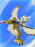  anthro avian balls beak bird blue_eyes bodily_fluids butt clothed clothing digital_media_(artwork) feathers genitals hi_res kranson male nintendo nude penis simple_background smile solo tears_of_the_kingdom the_legend_of_zelda tulin_(tloz) white_body white_feathers wings young 