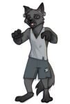  2023 anthro black_body black_fur bottomwear canid canine canis clothed clothing connan_(yshanii) digital_media_(artwork) fully_clothed fur halloween_costume male mammal shirt shorts simple_background solo tank_top topwear white_background wolf yshanii 