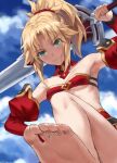  1girl bandeau bare_shoulders barefoot blonde_hair blue_sky braid breasts clarent_(fate) detached_collar detached_sleeves fate/apocrypha fate/grand_order fate_(series) french_braid green_eyes highres long_hair looking_at_viewer mordred_(fate) mordred_(fate/apocrypha) parted_bangs ponytail sidelocks sky small_breasts smile soles solo sword toes tonee weapon 