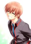  1boy :d ^_^ black_jacket blue_necktie brown_hair closed_eyes commentary_request eyelashes facing_viewer grin hair_between_eyes head_tilt jacket light_blush little_busters! long_sleeves male_focus natsume_kyousuke necktie school_uniform short_hair simple_background smile solo upper_body white_background zen_(kamuro) 