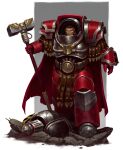 absurdres adrian4rt armor armored_boots black_armor black_hair boots breastplate brown_eyes cape chaos_(warhammer) commentary corpse couter cuirass english_commentary gauntlets greaves grey_armor grey_background highres holding holding_weapon iron_warriors leg_armor lying male_focus on_back pauldrons pelvic_curtain poleyn power_armor red_armor red_cape rerebrace short_hair shoulder_armor simple_background skull standing_on_rock terminator_armor walking war_hammer warhammer_40k weapon white_background 