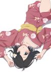  1girl :o absurdres ahoge araragi_tsukihi black_eyes black_hair blush camui1104 collarbone commentary_request egg_hair_ornament food-themed_hair_ornament fried_egg hair_ornament highres japanese_clothes kimono long_sleeves looking_at_viewer lying monogatari_(series) obi off_shoulder on_back parted_lips pink_kimono sash short_hair simple_background solo swimsuit thighs upside-down white_background yellow_sash 