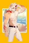  2023 abs absurd_res anthro areola arknights arm_tattoo bottomwear canid canine canis clothed clothing domestic_dog fur hair hat headgear headwear hi_res horn hung_(arknights) hypergryph long_hair looking_at_viewer male mammal muscular muscular_anthro muscular_male pants red_hair shabi96522 solo studio_montagne tail tan_body tan_fur tattoo topless topless_anthro topless_male white_body white_fur white_hair yellow_eyes 