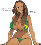  1girl bikini blush brazilian_flag_bikini brazilian_flag_print breasts cleavage commentary dark-skinned_female dark_skin english_text flag_print large_breasts long_hair looking_at_viewer navel ohasi original print_bikini simple_background smile solo swimsuit symbol-only_commentary white_background 