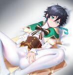  1boy androgynous black_hair blue_hair blush bow braid brooch bulge closed_mouth collared_cape commentary_request corset frilled_sleeves frills gem genshin_impact gradient_hair green_eyes highres jewelry jjw1029 long_sleeves looking_at_viewer lying male_focus multicolored_hair on_back pantyhose shirt short_hair_with_long_locks smile solo spread_legs twin_braids venti_(genshin_impact) white_pantyhose white_shirt 