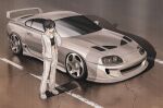  1girl absurdres black_eyes black_hair black_shirt bokuya car crop_top full_body highres jacket motor_vehicle original pants shadow shirt shoes sneakers solo spoiler_(automobile) standing toyota_supra track_jacket track_suit white_footwear white_jacket white_pants 