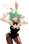  1girl alternate_costume animal_ears armpits bare_shoulders black_bow black_bowtie black_leotard bow bowtie breasts brown_pantyhose byleth_(female)_(fire_emblem) byleth_(fire_emblem) cleavage closed_mouth commentary_request detached_collar enlightened_byleth_(female) fake_animal_ears fire_emblem fire_emblem:_three_houses fishnet_pantyhose fishnets green_eyes green_hair hair_between_eyes highres large_breasts leotard long_hair one_eye_closed pantyhose playboy_bunny rabbit_ears simple_background solo strapless strapless_leotard white_background yuurururun 