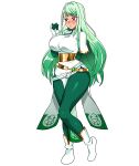  absurdres blush breasts cosplay curvy embarrassed green_hair highres huge_breasts ivy_(fire_emblem) large_breasts lyn_(fire_emblem) lyn_(fire_emblem)_(cosplay) mole non-web_source official_alternate_costume pantyhose red_eyes sasa_tseng side_slit wide_hips 