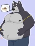  adastra adastra_(series) amicus_(adastra) anthro belly big_belly big_pecs bigboywuff bottomwear bulge cake canid canine canis clothing denim denim_clothing dessert echo_project food fur grey_body grey_fur hands_on_belly hi_res jeans male mammal overweight overweight_male pants pecs solo thick_thighs thought_bubble tufted_fur weight_gain wolf 
