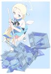  1girl absurdres apron blonde_hair blue_archive blue_eyes box box_of_chocolates carton cellphone crate flip_phone gun hair_ribbon halo highres holding jiryu50610218 off_shoulder phone ribbon shirt shoes short_sleeves socks solo sora_(blue_archive) sweat two_side_up weapon white_footwear white_socks white_wings wings 
