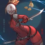  1girl banana belt blonde_hair blue_background bodysuit breasts chinese_commentary covered_face covered_navel dagger dual_wielding facebook_username food fruit holding holding_dagger holding_knife holding_weapon knife leaning_to_the_side mask ponytail red_bodysuit reverse_grip small_breasts solo the_legend_of_zelda the_legend_of_zelda:_breath_of_the_wild weapon web_address wide_hips yiga_clan yiga_clan_footsoldier zhaoyebai 